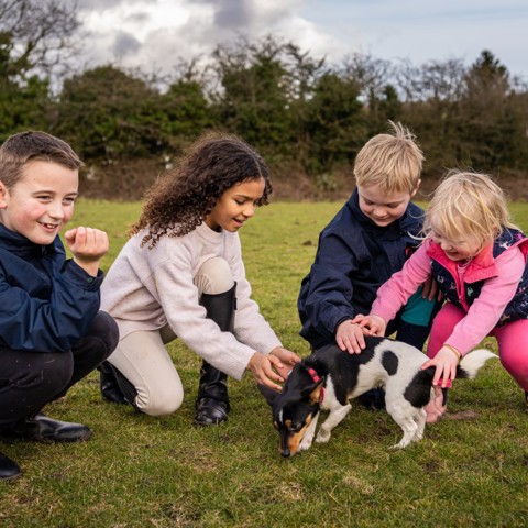children playing with dog BHS Parbold Equestrian Centre