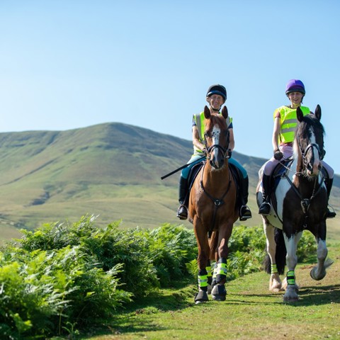 Two horses and riders on narrow path with upland hillside behind in gentle sunshine