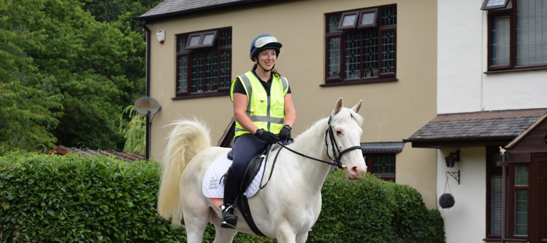 rider on a white horse wearing hi vis
