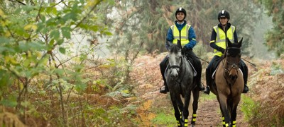 two riders on a horse in nature wearing hi vis