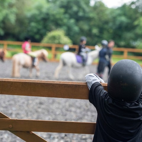 child watching riding lesson