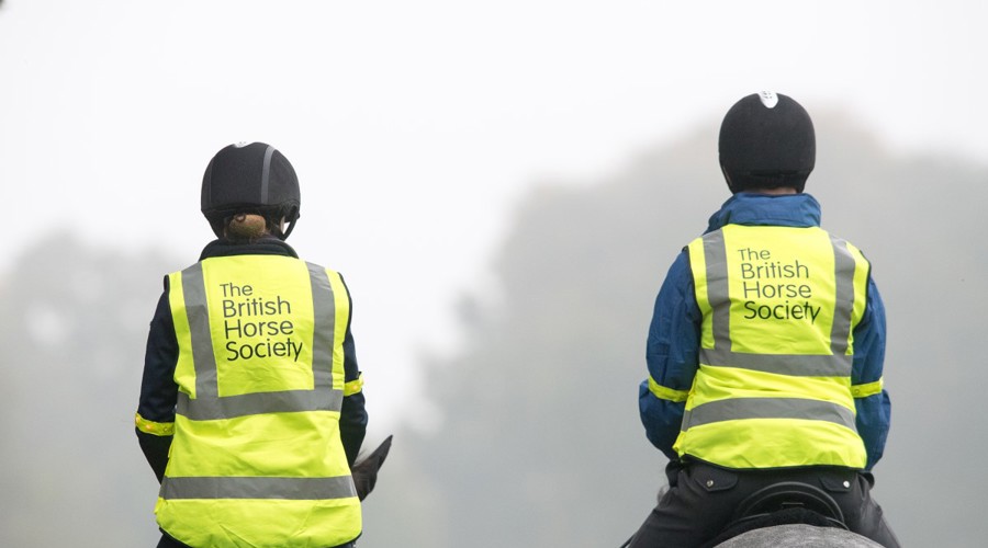 two riders on horses wearing BHS hi vis
