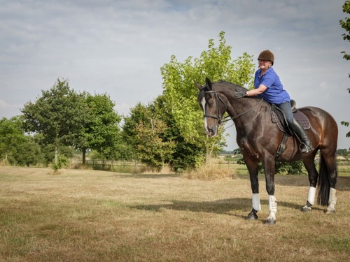 lady riding a dark bay horse patting him while standing in a field out hacking