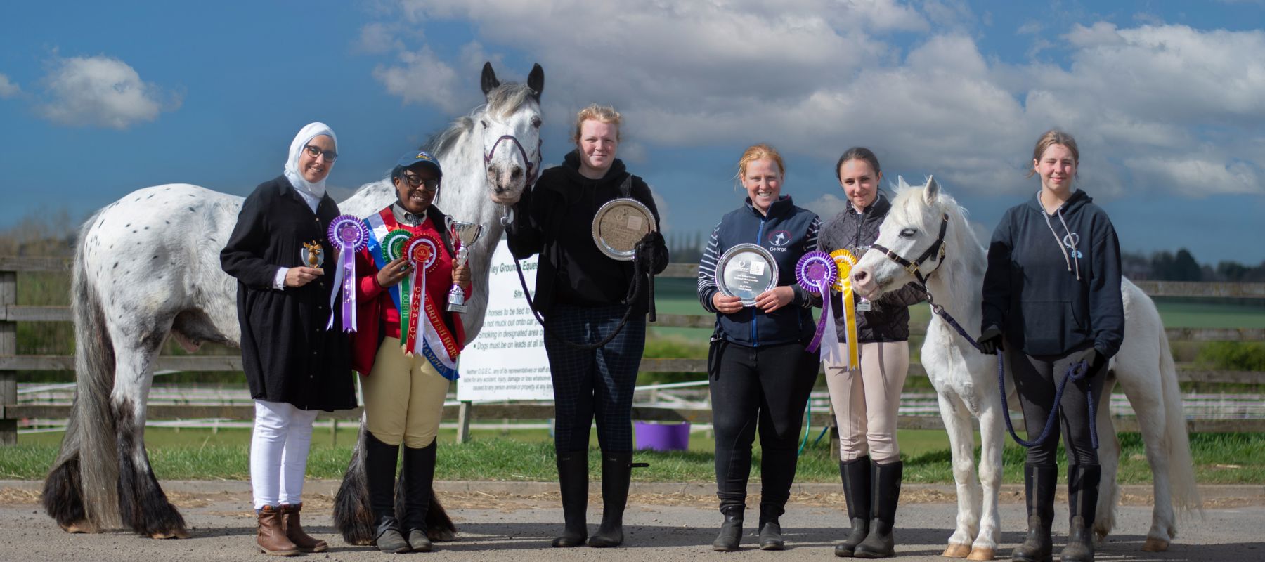 horse riders with horses showing rosettes