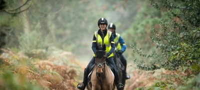 two riders on a horse in nature wearing hi vis