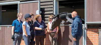 people and a horse in stables